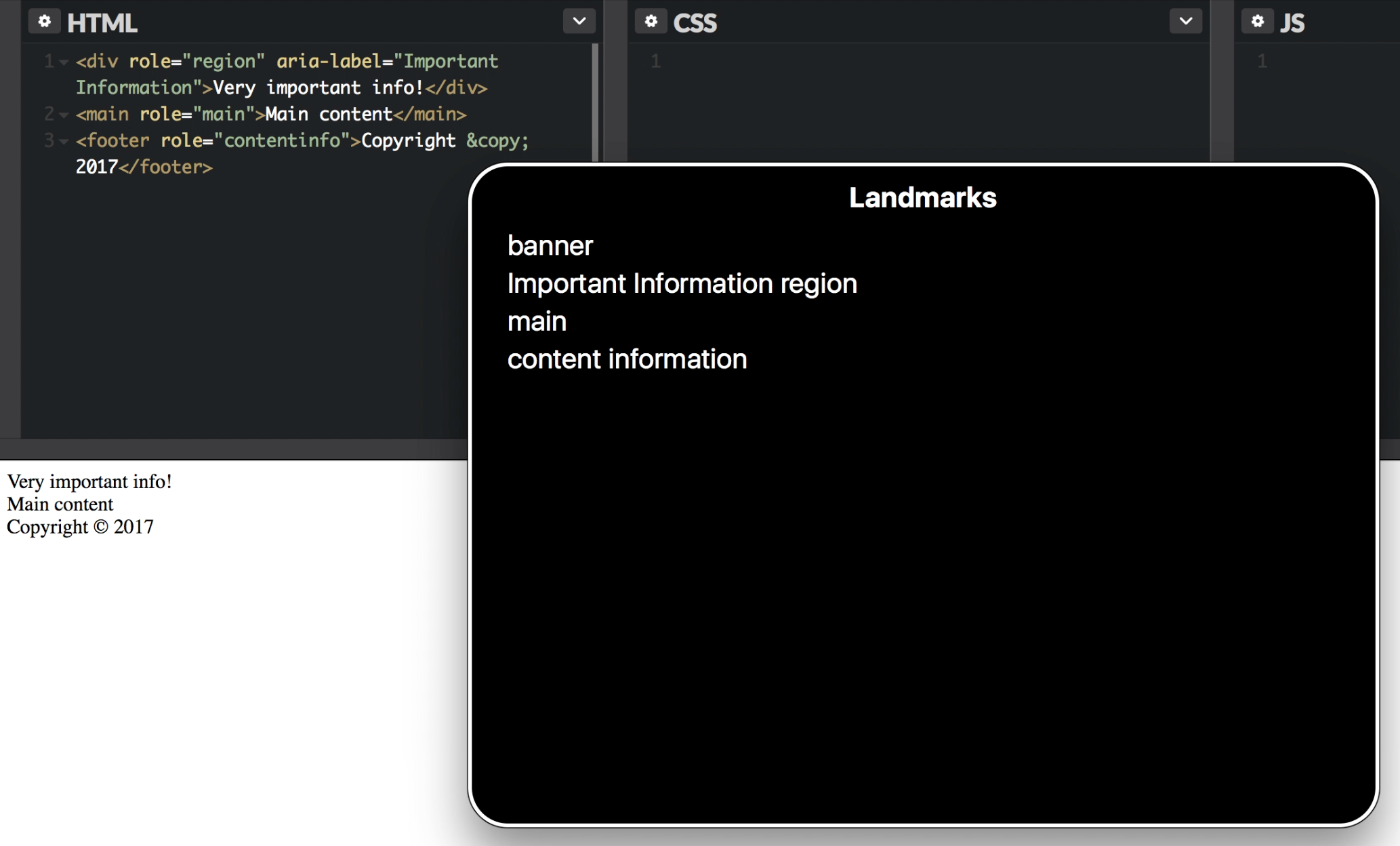 A screenshot of the landmark navigation menu on a Mac using VoiceOver